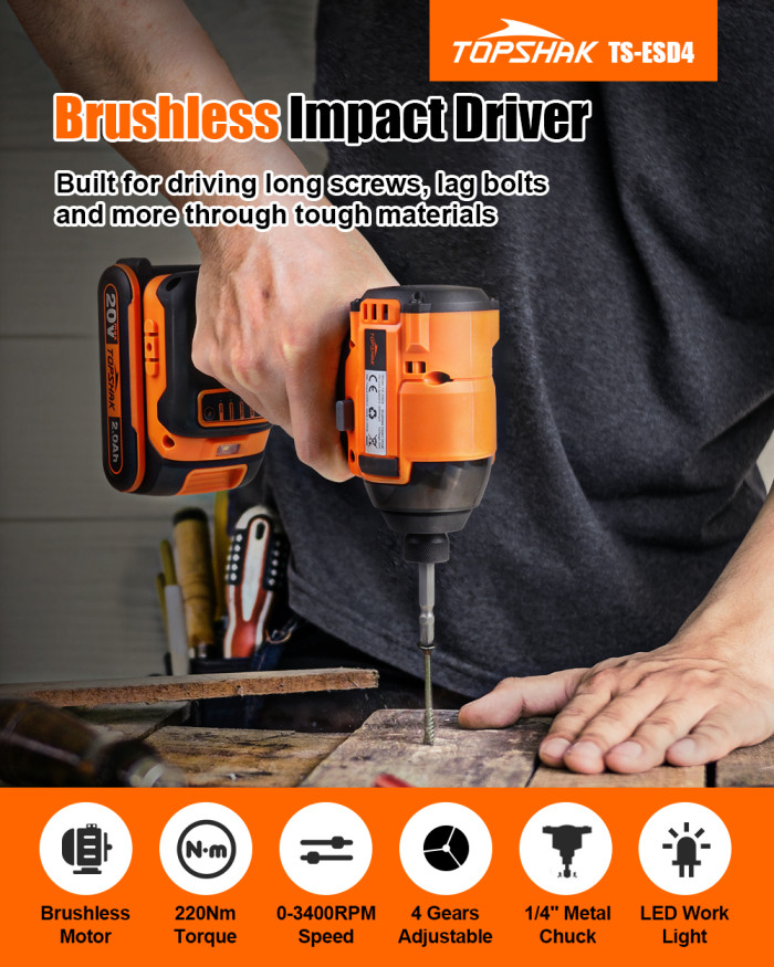 [EU WAREHOUSE - ES] 62€ with Coupon for TOPSHAK TS-ESD4 20V Electric Screwdriver Brushless Cordless Impact Driver LED Working Light Rechargeable Woodworking Maintenance Tool EU/US Plug