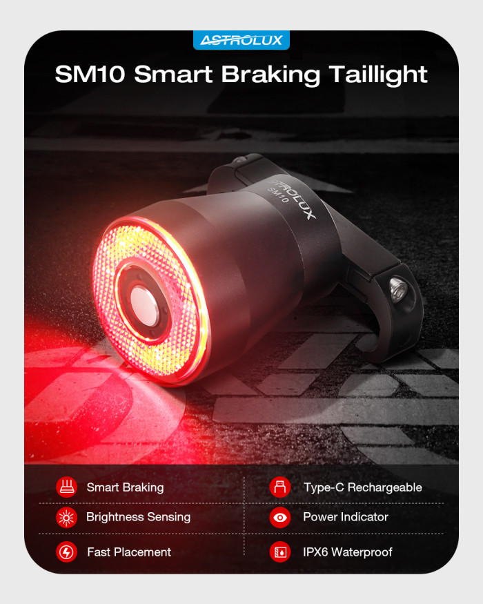 Hanki Astrolux SM10 Smart Brake Sensing Polkupyörän takavalo Type-C USB ladattava hintaan 15 € kupongilla