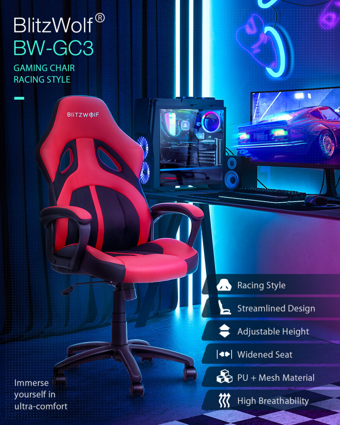 72€ with Coupon for BlitzWolf BW-GC3 Racing Style Gaming Chair PU + - EU 🇪🇺 - BANGGOOD