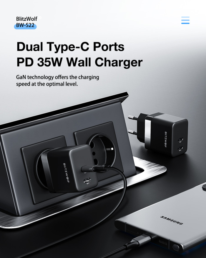 11€ with Coupon for BlitzWolf BW-S22 Mini PD 35W GaN Wall Charger Dual - BANGGOOD