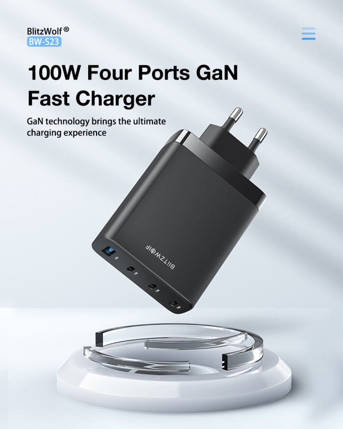 37€ with Coupon for BlitzWolf BW-S23 100W 4 Ports GaN Wall Charger - EU 🇪🇺 - BANGGOOD