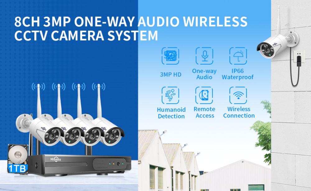 Hiseeu 4Pcs 8CH 3MP Wireless NVR IP Wifi Camera Outdoor IR Night Vision Security Cameras Surveillance with 1TB HDD Storage