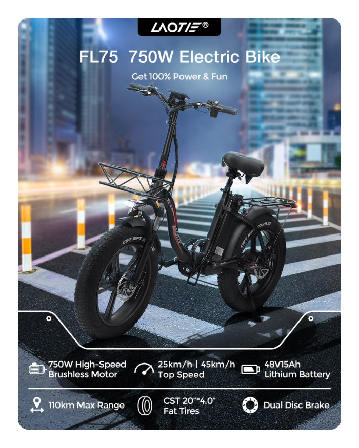 LAOTIE FL75 7S 750W 48V 15Ah 20x4.0inch Fat Tire Folding Electric Moped Bicycle