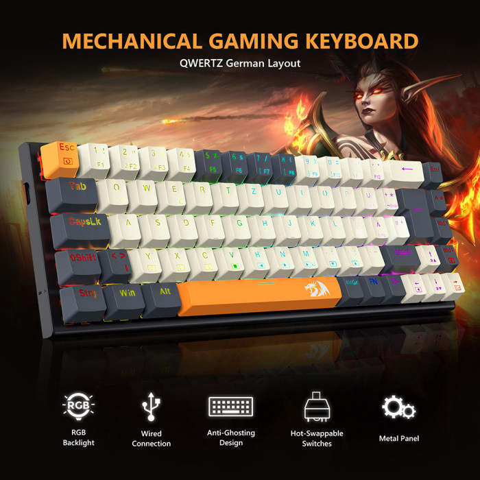 Exclusive Coupon Available: Get Redragon QWERTZ German Layout K633CGO-RGB Ryze 68-Key Mechanical Gaming Keyboard for Only 37€ - Available at GEEKBUYING