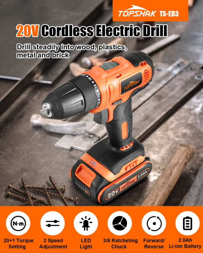 68€ with Coupon for TOPSHAK TS-ED3 20V 10mm Electric Drill 2 Gear Speed - BANGGOOD