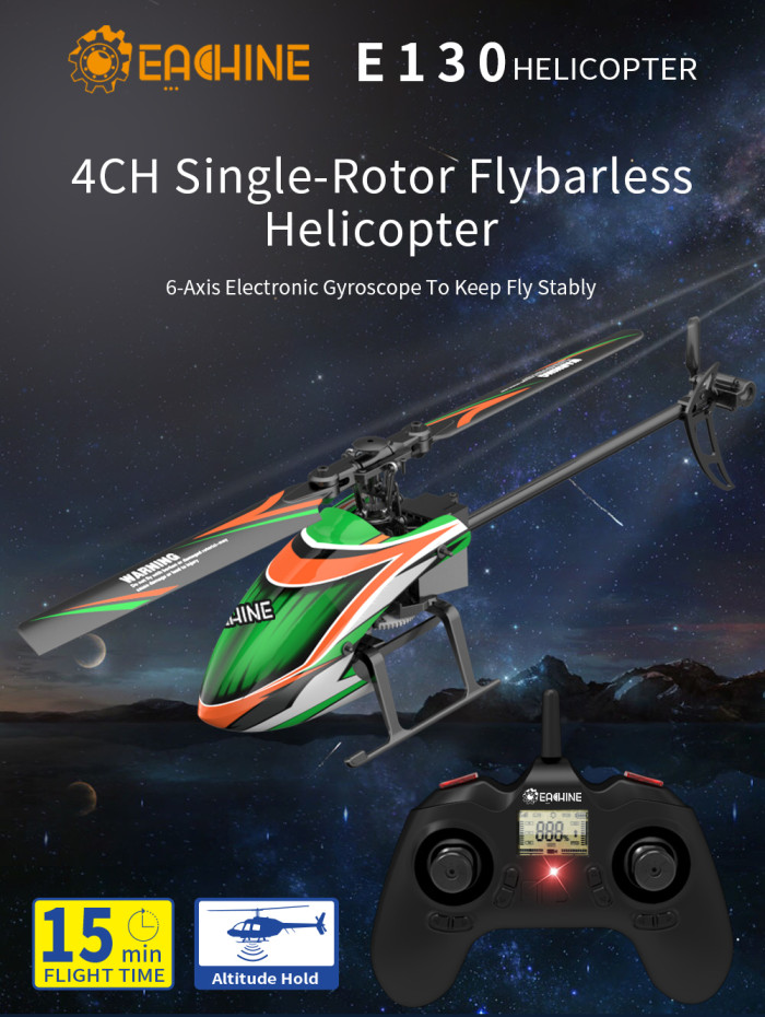73€ with Coupon for Eachine E130 2.4G 4CH 6-Axis Gyro Altitude Hold Flybarless - BANGGOOD