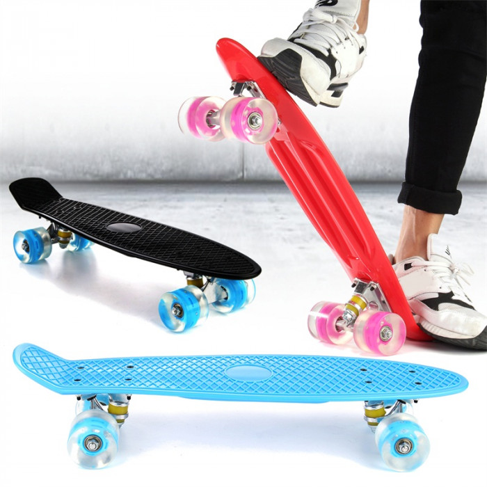 22'' LED Light Up Fish Skateboard 4 PU Wheel Single Warping Board Teenagers and Kids Skateboard - Blue