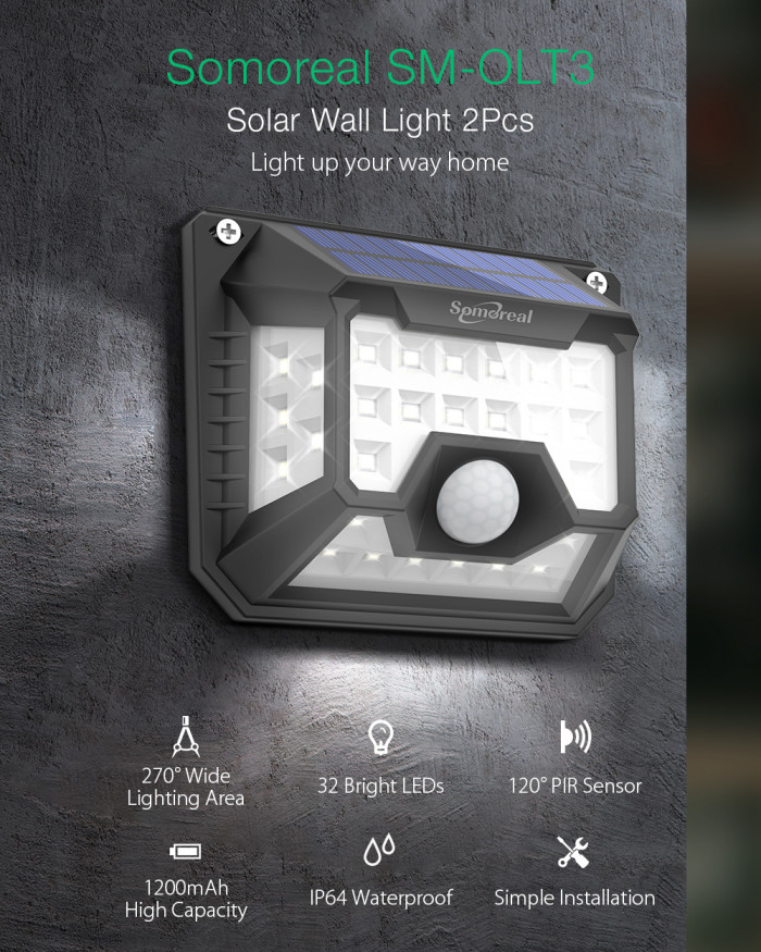 14€ kupongilla 2kpl Somoreal SM-OLT3 Outdoor Solar Lights 32 LED - EU 🇪🇺 - BANGGOOD