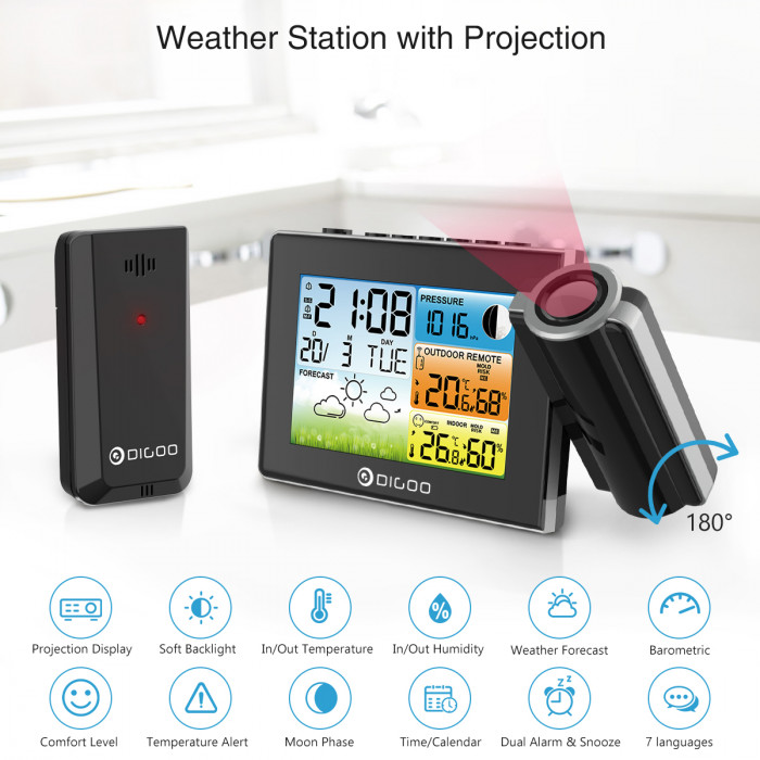 15€ with Coupon for DIGOO Weather Station with Projection Clock Digital Table Alarm - BANGGOOD