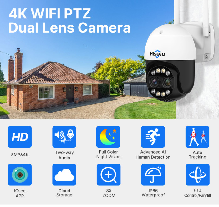 Hiseeu 4K 4MP+4MP Dual Lens Wifi PTZ IP kamera za samo 42€