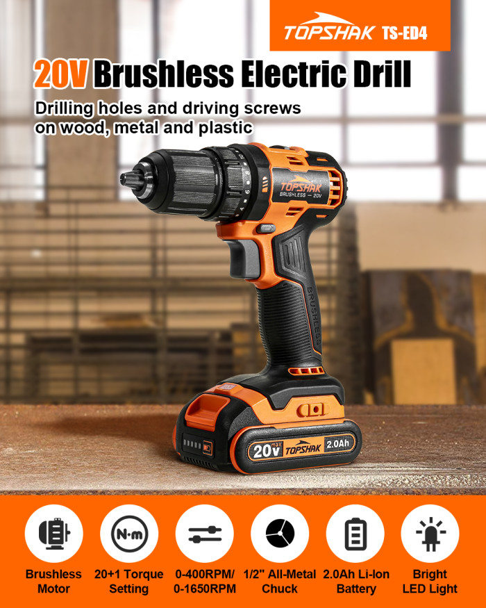 48€ with Coupon for TOPSHAK TS-ED4 20V 13mm Brushless Electric Drill 45N.m - EU 🇪🇺 - BANGGOOD