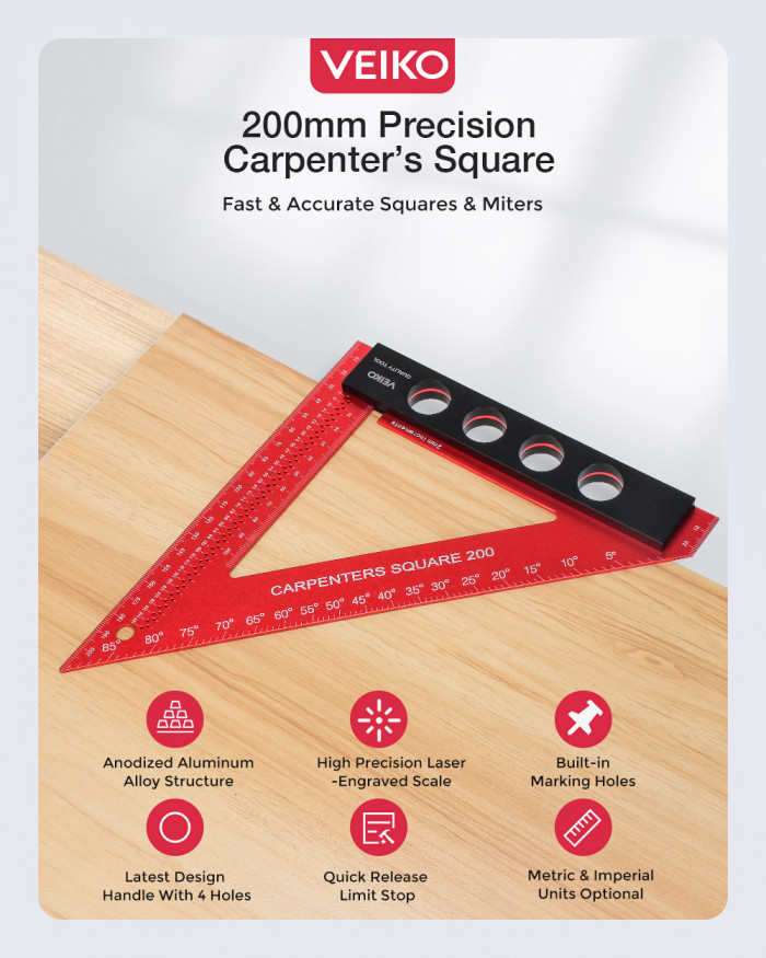 15€ with Coupon for VEIKO 200mm Aluminum Alloy Carpenter Square Triangle Ruler Woodworking - BANGGOOD