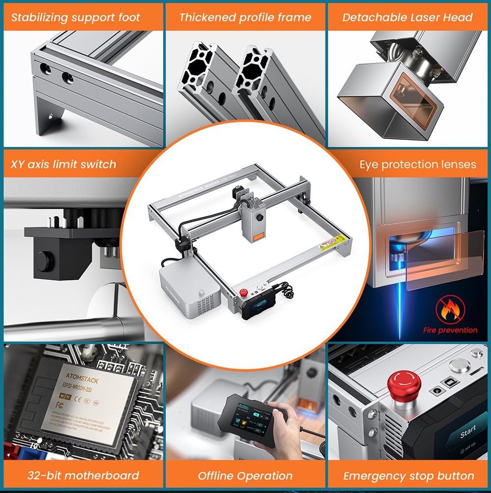 ATOMSTACK Maker X30 Pro 33W Laser Cutter + R3 Pro Rotary Roller + F1 Laser Bed