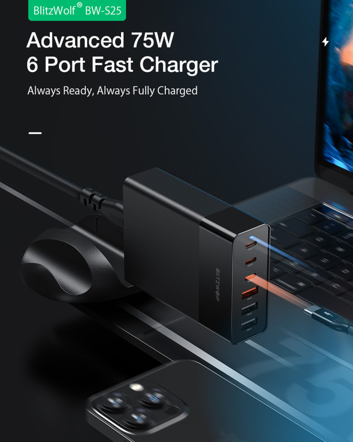 BlitzWolf BW-S25 75W 6 Ports Desktop Charging Station - Charge Easily All Your Devices 📱💻 - BANGGOOD