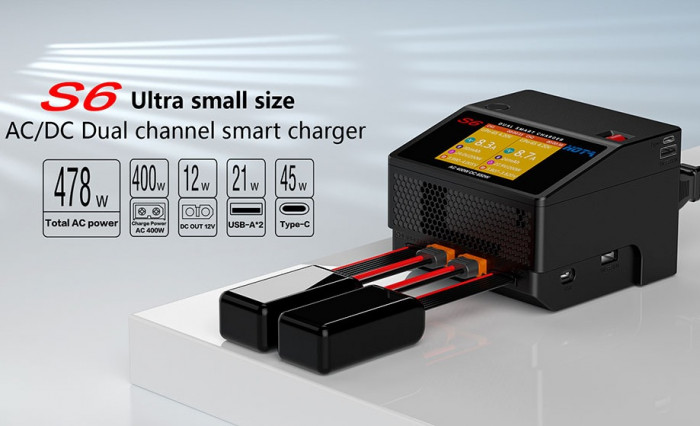 HOTA S6 AC 400W DC 325W*2 15A*2 Dual Channel Lipo Charger for 1-6S LiHv/LiPo/LiFe/Lilon Battery - Available at 128€ Only with Our Exclusive Coupon