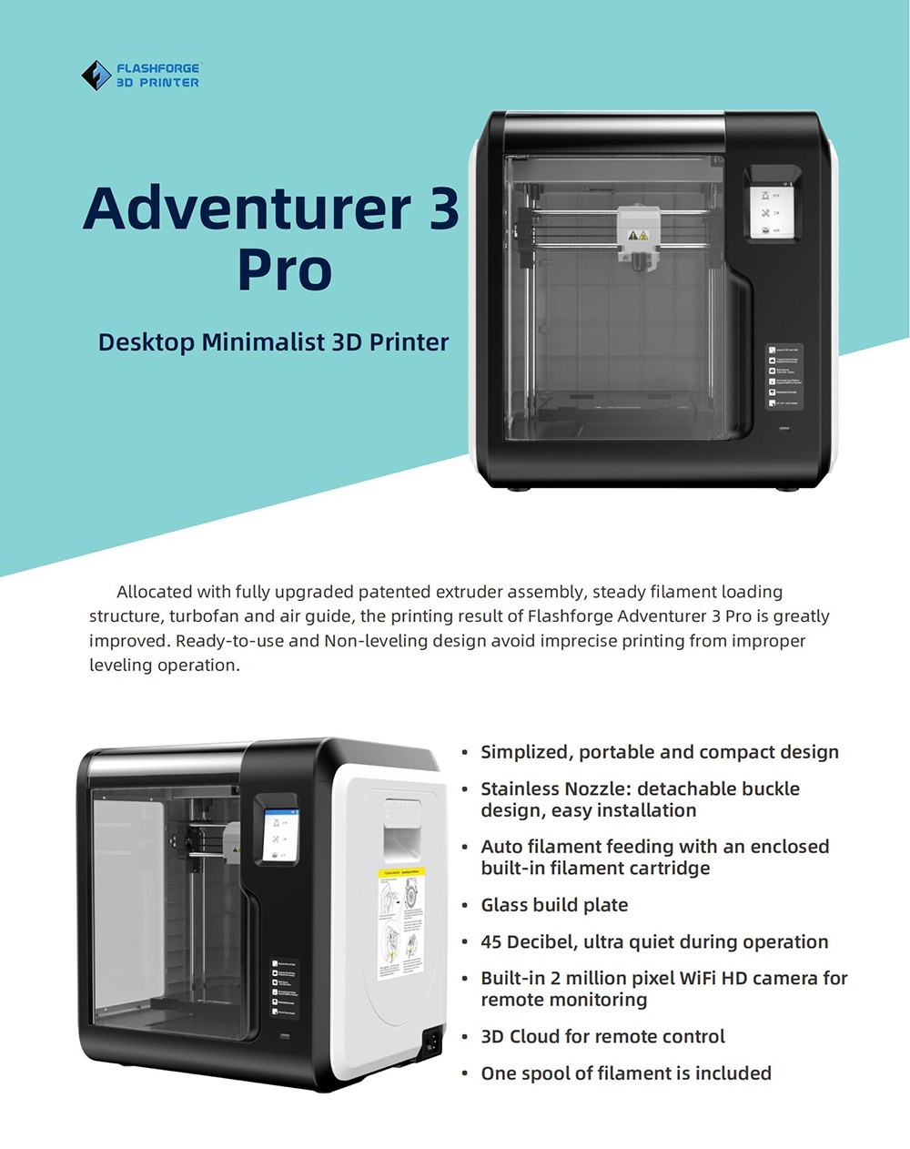 Flashforge Adventurer 3 Pro 3D Printer - Auto Leveling, Filament Detection, Camera Monitor, and More