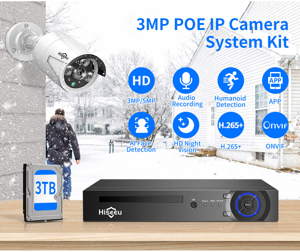 Hiseeu 3MP H.265 8CH POE komplet za sigurnosnu nadzornu kameru set AI AI audio zapis IP kuće - 275 € sa kuponom