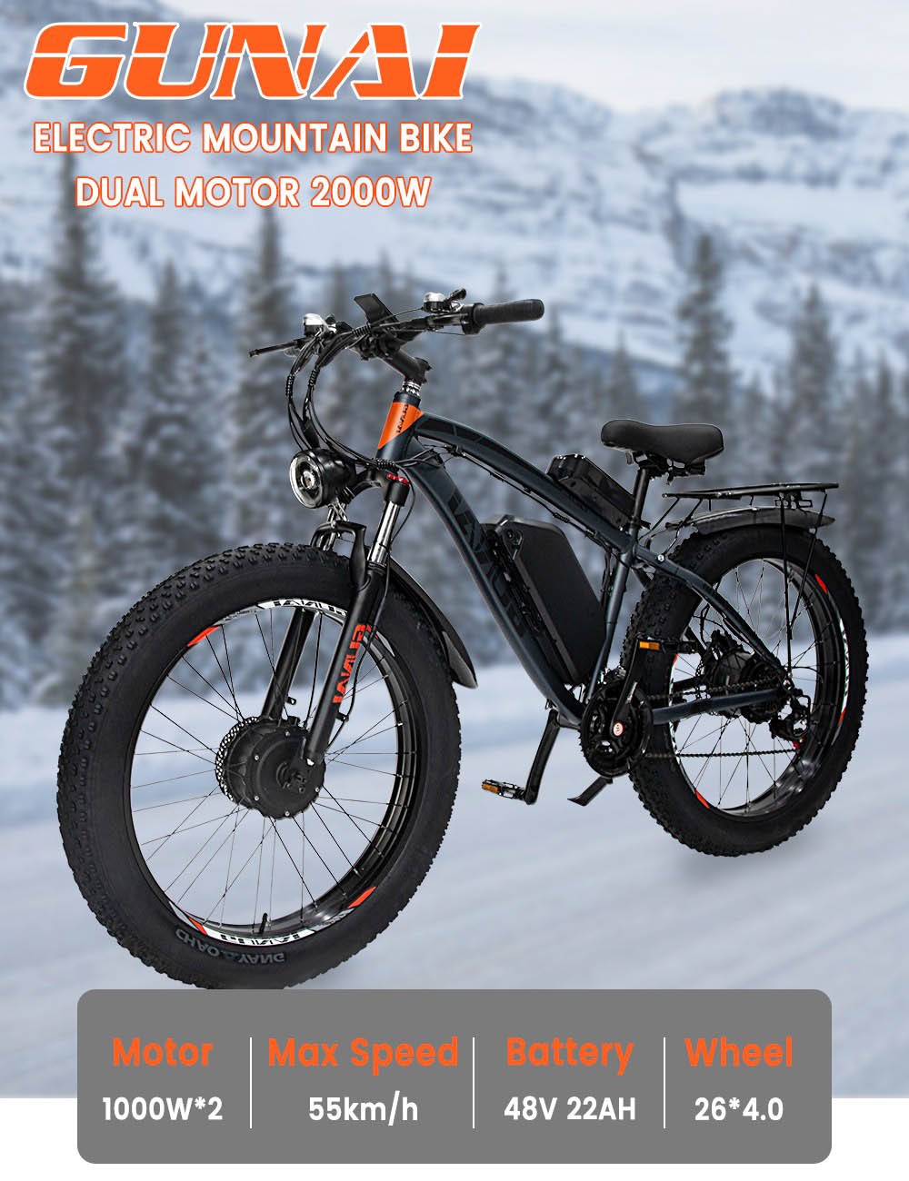 1416€ with Coupon for GUNAI GN88 Electric Mountain Bike 26*4.0 inch Fat - EU 🇪🇺 - GEEKBUYING